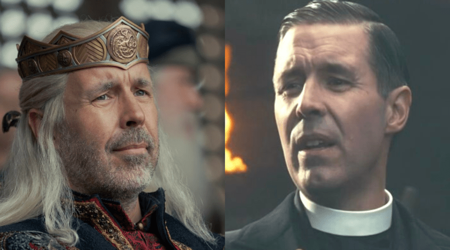Da sinistra: Paddy Considine interpreta re Viserys in “House of the Dragon”, e a destra in una scena di “Peaky Blinders”. Credits: Sky/HBO/Cattura schermo.