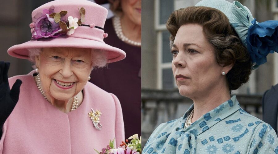 A sinistra: la Regina Elisabetta. A destra: Olivia Colman in “The Crown”. Credits: Jacob KingPA WirePA Images per concessione di Sky Italia, Liam Daniel/Netflix.