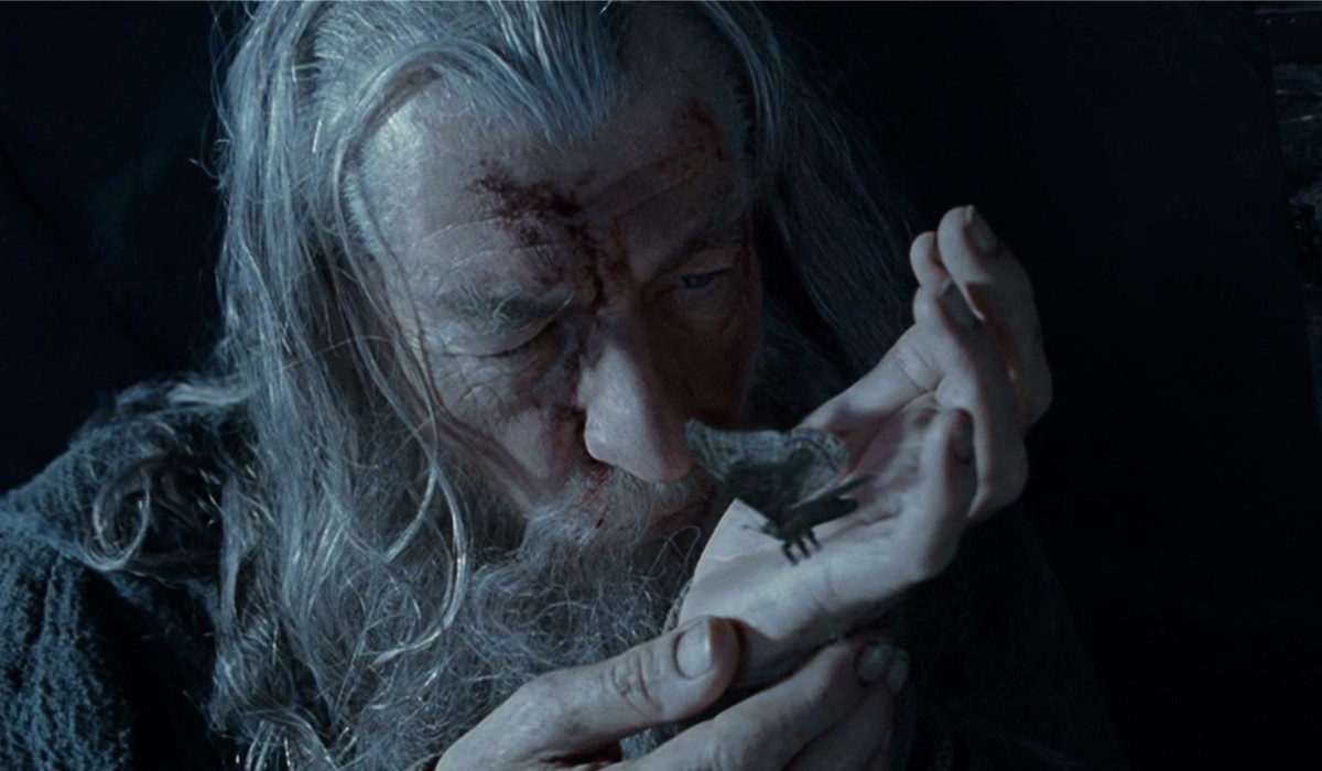 Gandalf (Ian McKellen) parla con una falena nel film “La Compagnia dell'Anello”. Credits: Cattura schermo.