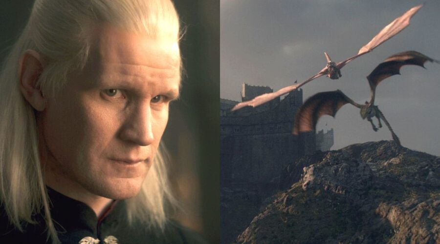 Da sinistra: Daemon Targaryen e i draghi in volo su Roccia del Drago in “House of the Dragon”. Credits: Cattura schermo/HBO.