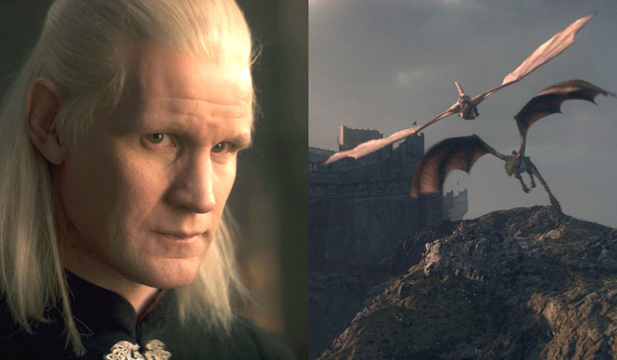 Da sinistra: Daemon Targaryen e i draghi in volo su Roccia del Drago in “House of the Dragon”. Credits: Cattura schermo/HBO.