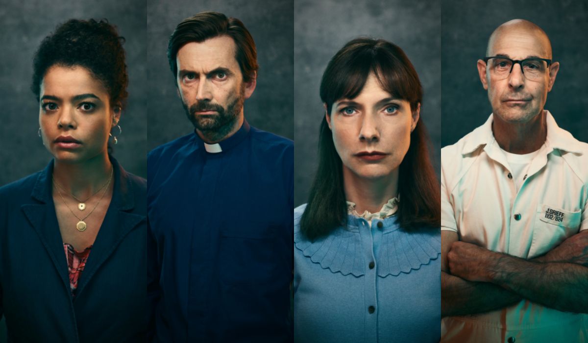 Da sinistra: Lydia West, David Tennant, Dolly Wells e Stanley Tucci in “Inside Man”. Credits: Netflix.