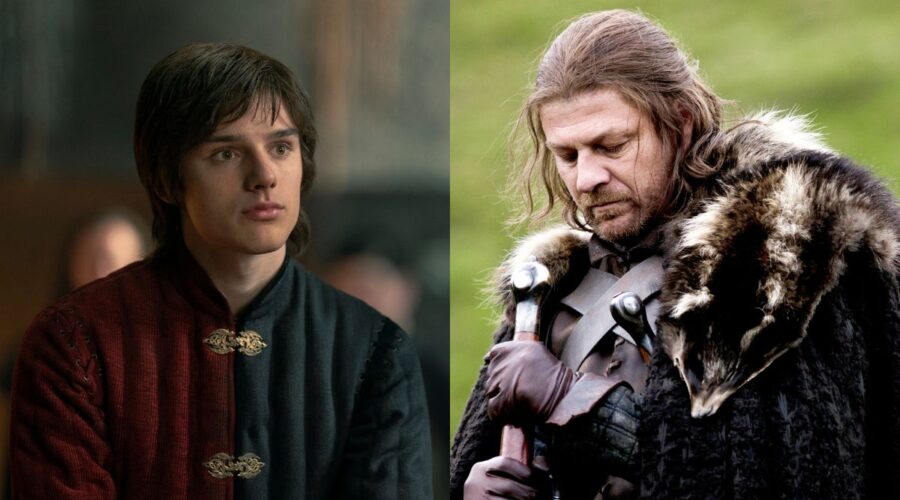 Da sinistra: Jacaerys Targaryen in “House of the Dragon” e Ned Stark ne “Il Trono di Spade”. Credits: Sky/HBO.
