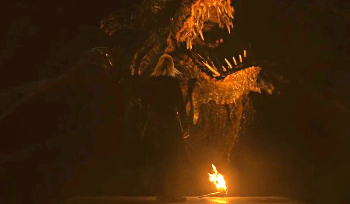 Vermithor e Daemon in una scena dell'episodio 10 di “House of the Dragon”. Credits: fotogramma HBO/Sky.