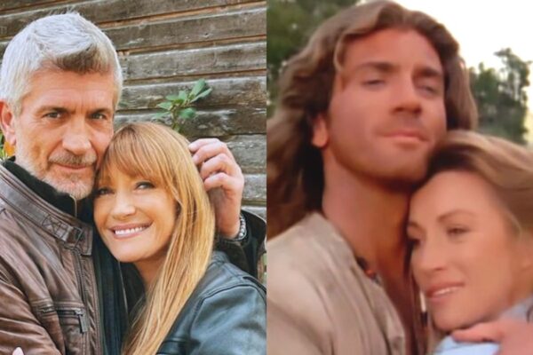 A sinistra: Joe Lando e Jane Seymour; a destra: i due attori in una scena di “La signora del West”. Credits: @janeseymour/Instagram.