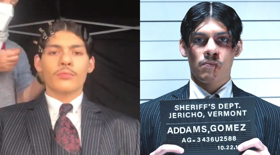 Da sinistra: Lucius Hoyos nel backstage della serie tv. A destra: Gomez Addams in un flashback dell'episodio 5. Credits: Instagram/Courtesy of Netflix.