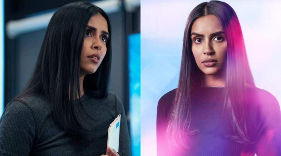 A sinistra: Parveen Kaur nel ruolo di Saanvhi Bahl in Manifest Stagione 4. Credits: Peter Kramer/Netflix © 2022. A destra: Kaur nel poster della terza stagione. Credits: Netflix.