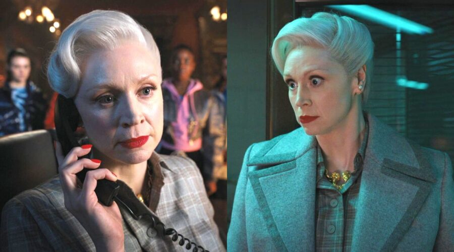 Gwendoline Christie in due fotogrammi di “Mercoledì”. Credits: Cattura schermo/Netflix.