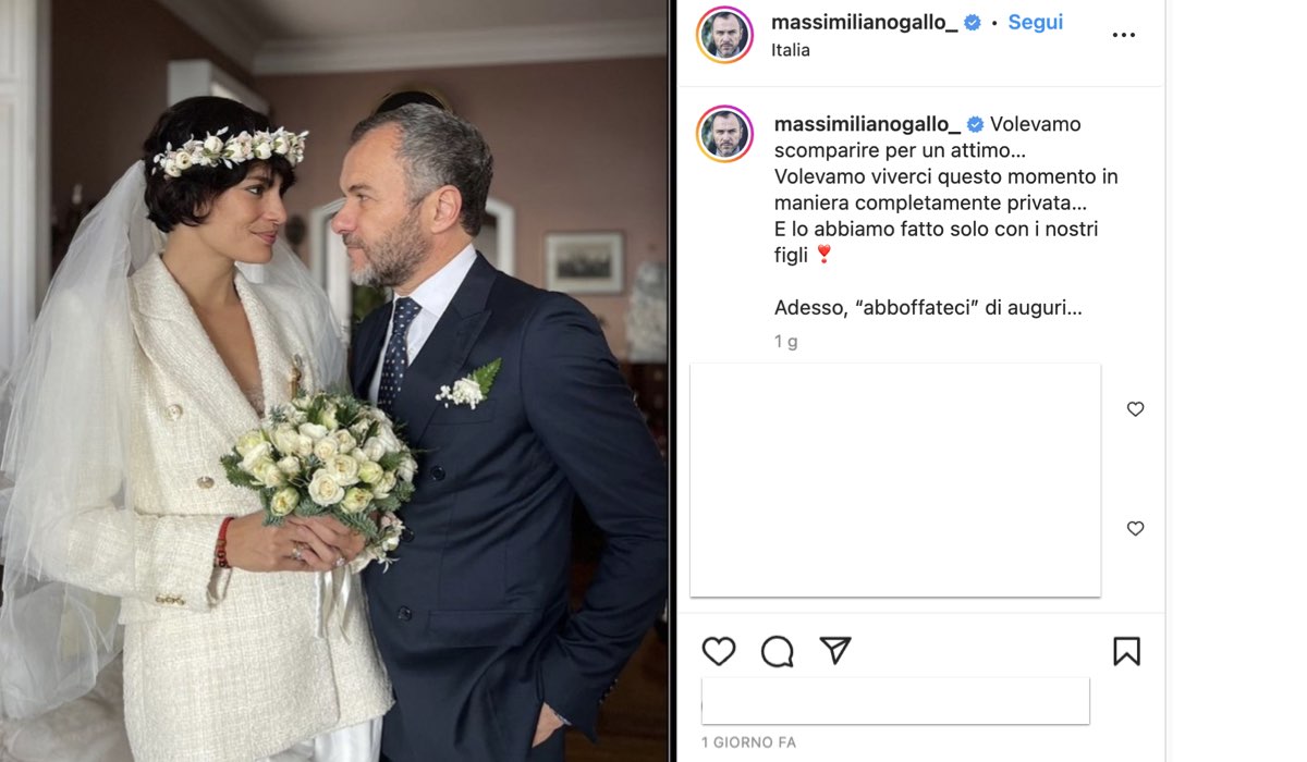  Da sinistra: Shalana Santana e Massimiliano Gallo si sono sposati. Il post su Instagram che lo annuncia è stato pubblicato da Massimiliano Gallo il 3 dicembre 2022 sul suo profilo verificato. 