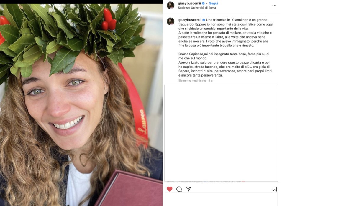 Il post di Giusy Buscemi in cui annuncia di essersi laureata, pubblicato sul suo profilo Instagram il 10 gennaio 2023.