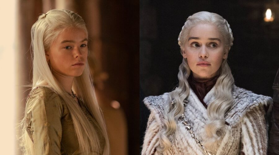 A sinistra: Milly Alcock in “House of the Dragon”; a destra: Emilia Clarke in “Game of Thrones”. Credits: Warner Bros. TV/Sky Italia.