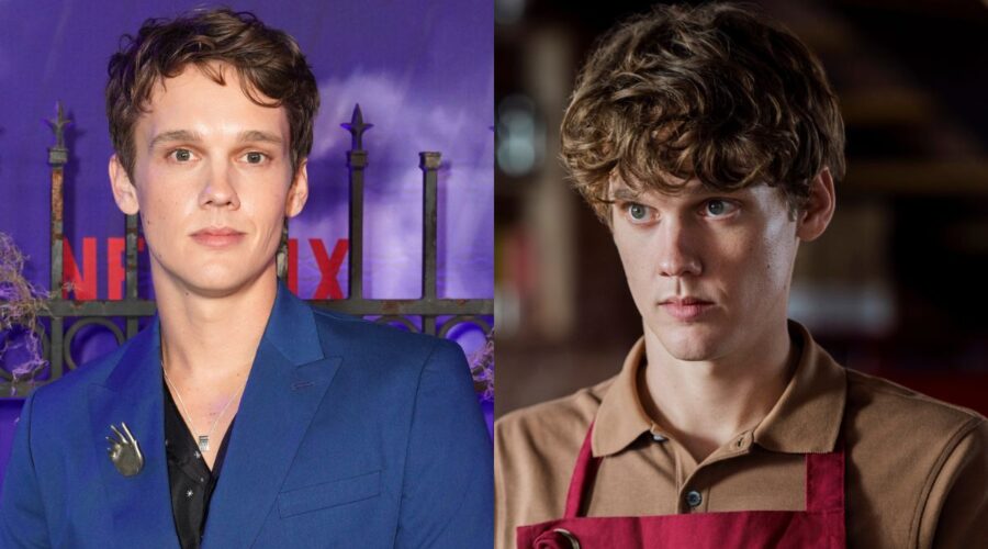 A sinistra: Hunter Doohan in una scena di “Mercoledì”. Credits: Vlad Cioplea/Netflix © 2022. A destra: Hunter Doohan partecipa alla prima mondiale di 