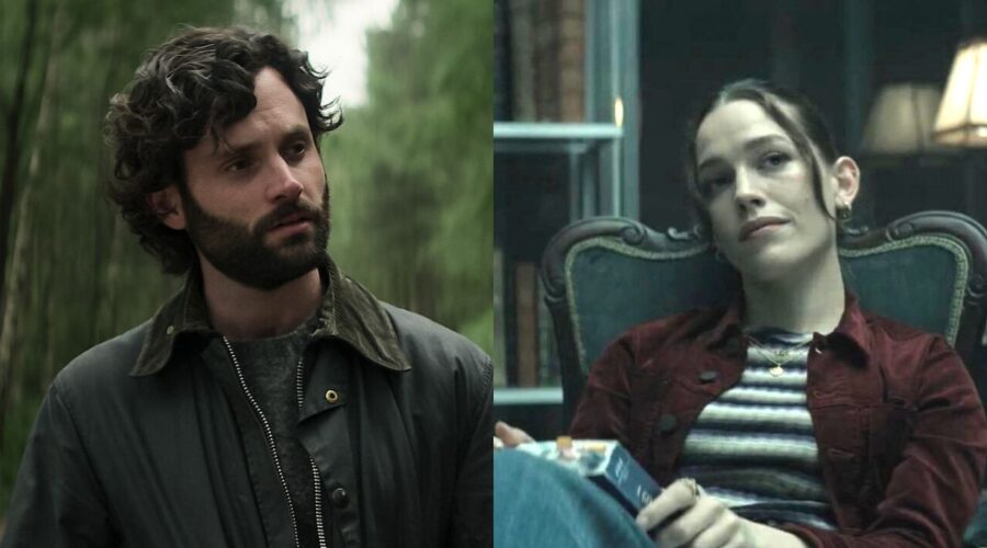 Da sinistra: Joe Goldberg (Penn Badgley) in una scena della quarta stagione di “You”; a destra: Love Quinn (Victoria Pedretti) nel teaser della parte 2. Credits: Courtesy of Netflix/fotogramma.