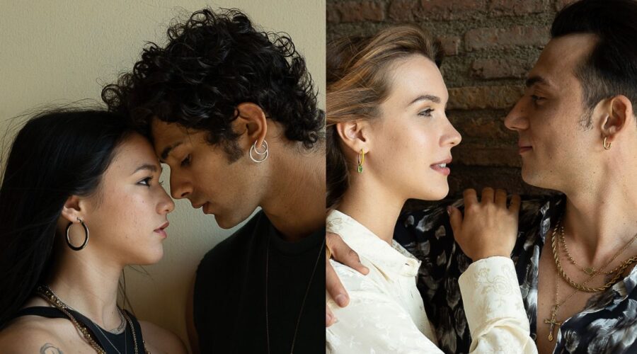 Da sinistra: Maria Esposito (Rosa Ricci) con Massimiliano Caiazzo (Carmine Di Salvo) e Ludovica Coscione (Teresa Polidori) con Matteo Paolillo (Edoardo Conte) in un posato per “Mare Fuori 4”. Credits: Sabrina Cirillo/Rai.