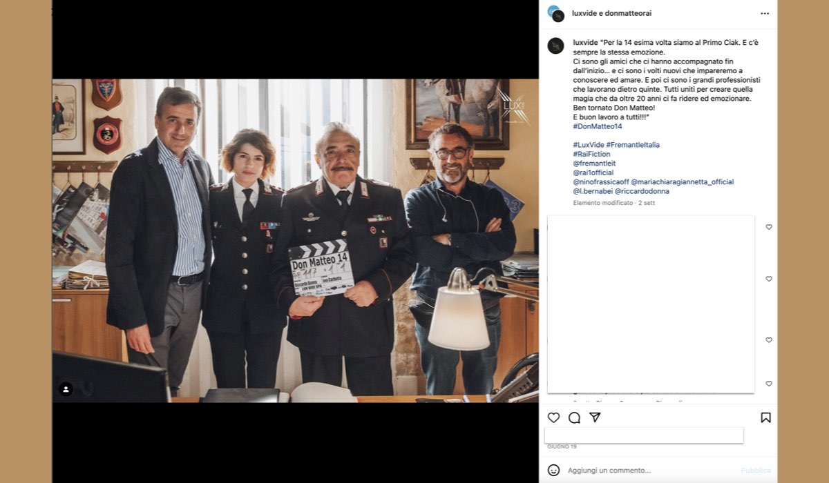 Da sinistra: Luca Bernabei, Maria Chiara Giannetta, Nino Frassica e Riccardo Donna in uno scatto per l'inizio delle riprese di 