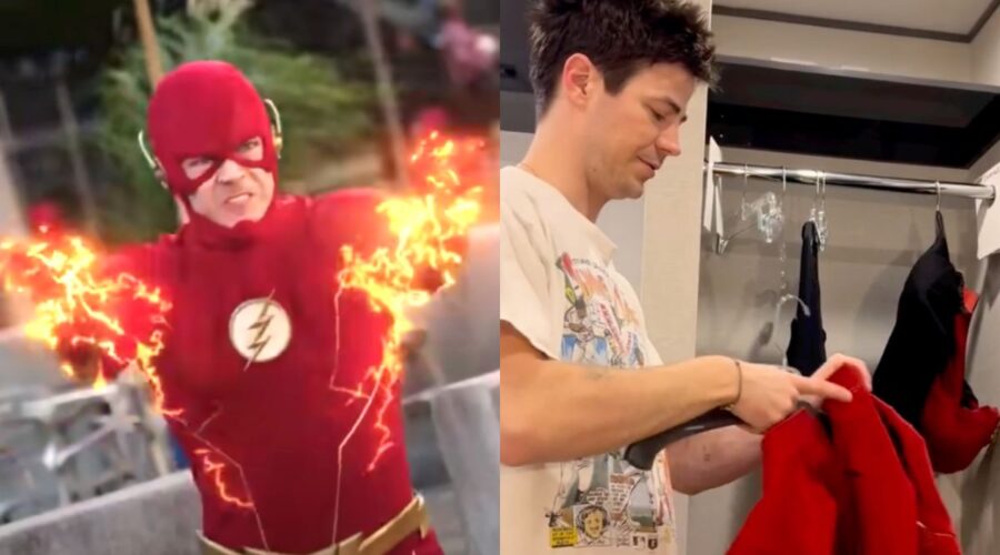 Due catture schermo - da YouTube e da Instagram - di Grant Gustin in “The Flash”. Credits: WBTV/Meta.