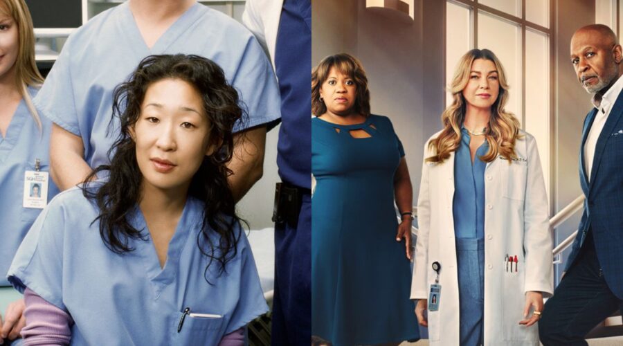 A sinistra: Cristina in un'immagine promozionale delle prime stagioni di “Grey's Anatomy”; a destra: un particolare del poster della stagione 19. Credits: Disney+ Italia.