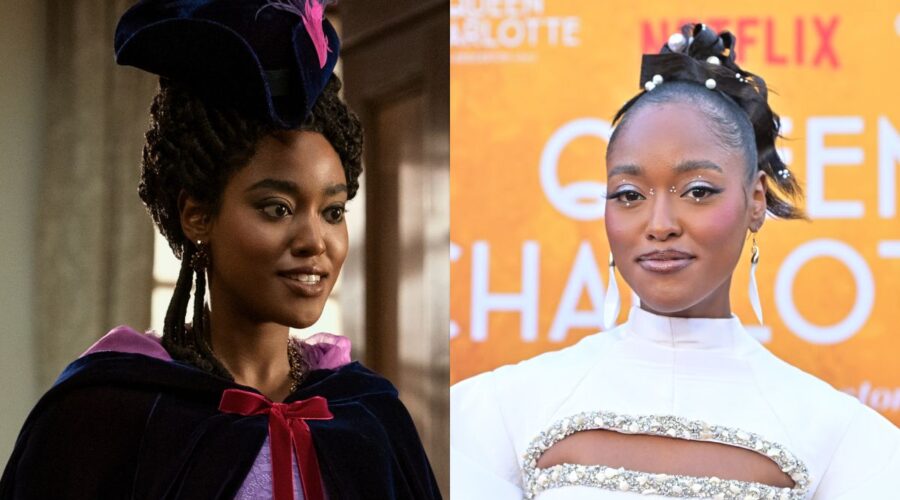 A sinistra: Arsema Thomas nel ruolo della giovane Agatha Danbury nell'episodio 106 di Queen Charlotte: A Bridgerton Story. Cr. Nick Wall/Netflix © 2023; a destra: Arsema Thomas partecipa alla prima mondiale di Queen Charlotte: A Bridgerton Story al Regency Village Theatre il 26 aprile 2023 a Los Angeles, California. Foto di Charley Gallay/Getty Images per Netflix.