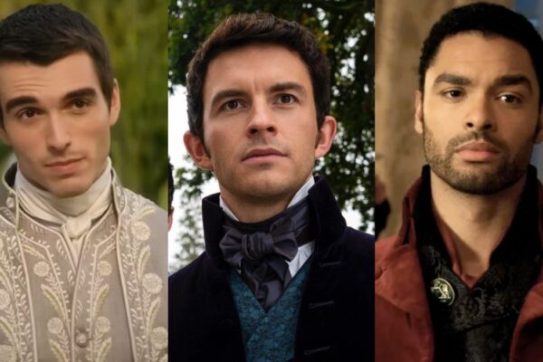 Da sinistra: il Re Giorgio, il Visconte Anthony e il Duca Simon in “Bridgerton”. Credits: Netflix.
