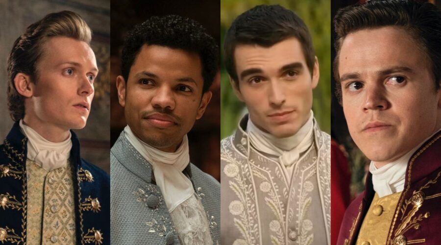 Da sinistra: Reynolds, Adolfo, Re Giorgio III e Brimsley ne “La Regina Carlotta”. Credits: Liam Daniel/Nick Wall/Netflix.