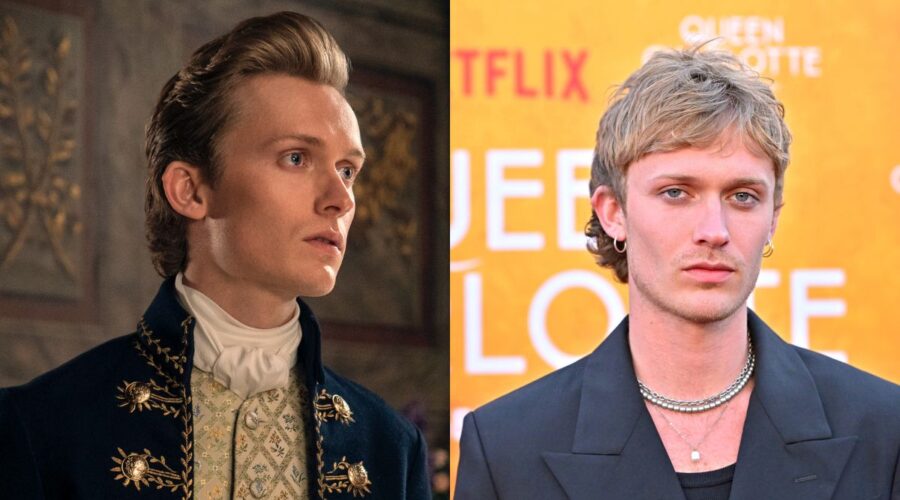 A sinistra: Freddie Dennis nei panni di Reynolds nell'episodio 102 di Queen Charlotte: A Bridgerton Story. Cr. Liam Daniel/Netflix © 2023; a destra: Freddie Dennis partecipa alla prima mondiale di Queen Charlotte: A Bridgerton Story al Regency Village Theatre il 26 aprile 2023 a Los Angeles, California. Foto di Charley Gallay/Getty Images per Netflix.
