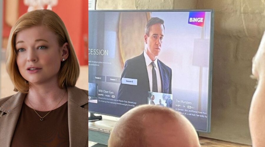 A sinistra: Shiv in una scena della quarta stagione di “Succession”; a destra: Sarah Snook in compagnia del figlio o figlia mentre guardano il finale della serie tv. Credits: Sky/Instagram.