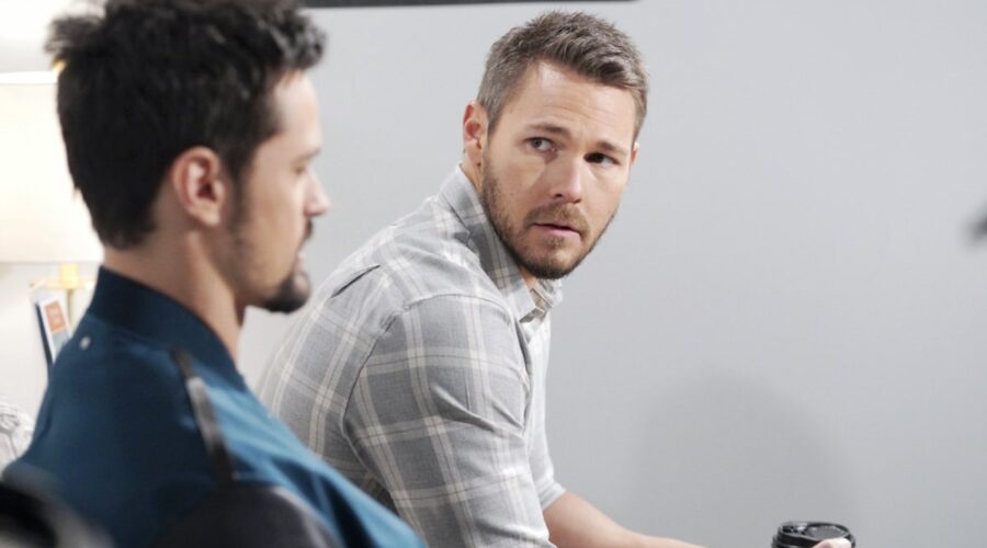 Da sinistra: Matthew Atkinson (Thomas Forrester) e Scott Clifton (Liam Spencer) in una scena della puntata di “Beautiful” in onda su Canale 5. Credits: BBL Distribution/Mediaset.