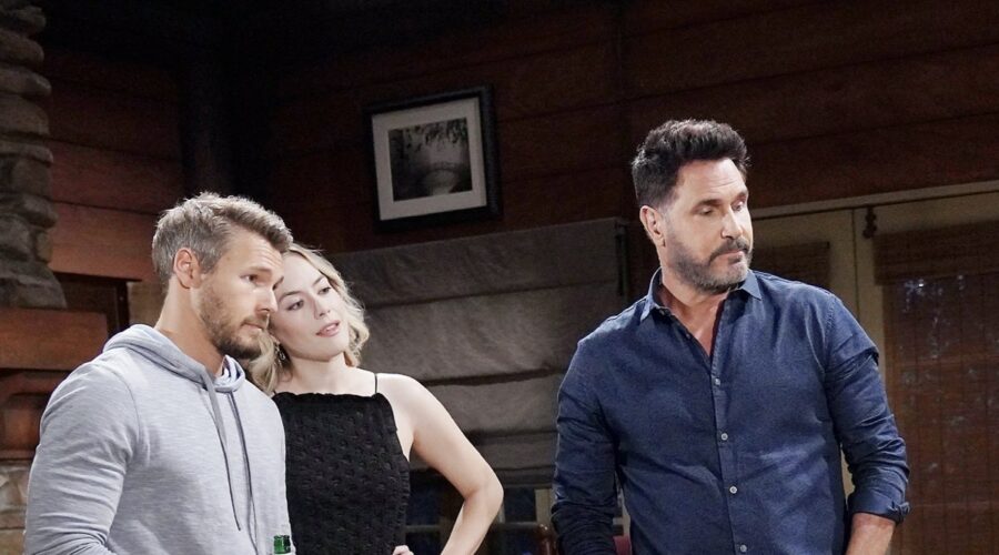 Da sinistra: Scott Clifton (Liam Spencer), Annika Noelle (Hope Logan) e Don Diamont (Bill Spencer) in una scena di “Beautiful”. Credits: BBL Distribution/RTI Mediaset.