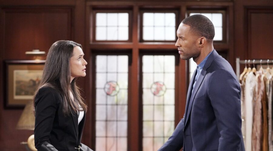 Da sinistra: Rena Sofer (Quinn Fuller) e Lawrence Saint-victor (Carter Walton) in una scena di “Beautiful”. Credits: BBL Distribution/RTI Mediaset.