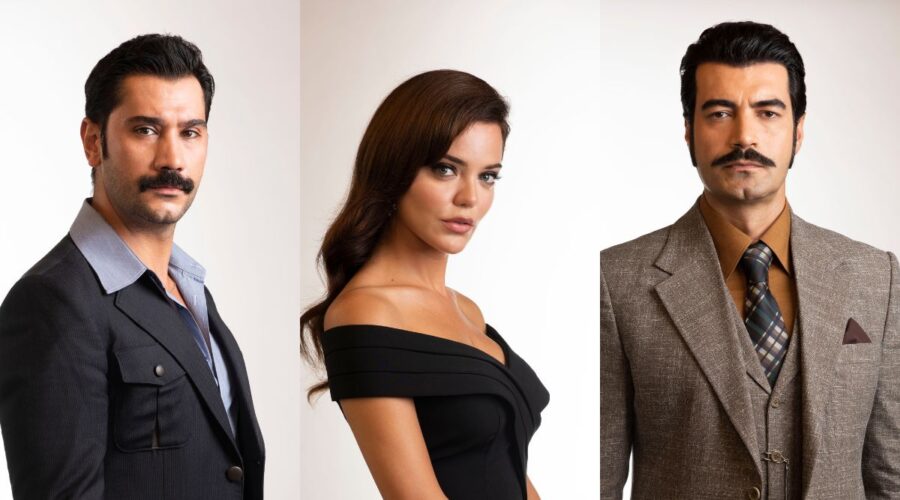 Da sinistra: Ugur Günes, Hilal Altinbilek e Murat Ünalmis nei posati per la terza stagione di “Terra Amara”. Credits: RTI Mediaset.