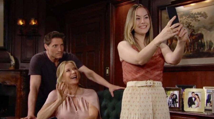 Da sinistra: Sean Kanan (Deacon Sharpe), Katherine Kelly Lang (Brooke Logan) e Annika Noelle (Hope Logan) in “Beautiful”. Credits: BBL DISTRIBUTION/Cattura schermo Twitter.