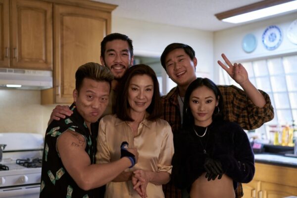 Joon Lee As Tk, Justin Chien As Charles Sun, Michelle Yeoh As Mama Sun, Sam Song Li As Bruce Sun, Alice Hewkin As June In Episode 108 Of The Brothers Sun. Cr. Michael Desmond Netflix