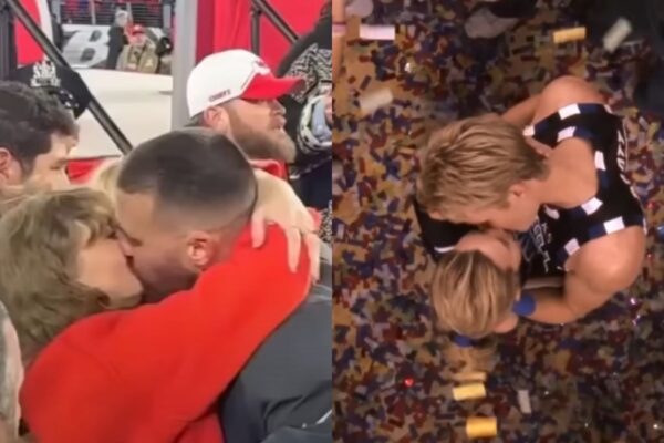 Da sinistra: Taylor Swift e Travis Kelce si baciano; a destra Peyton e Lucas in “One Tree Hill”. Credits: YouTube/Cattura schermo.