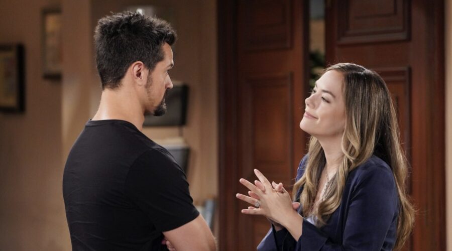 Da sinistra: Matthew Atkinson (Thomas) e Annika Noelle (Hope Logan) in una scena di “Beautiful”. Credits: BBL Distribution/RTI Mediaset.