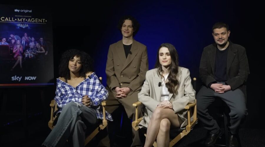Dall'alto a sinistra: Pietro De Nova, Pierfrancesco Russo, Kaze e Paola Buratto nell'intervista per la stagione 2 di “Call My Agent Italia”. Credits: Tvserial.it.