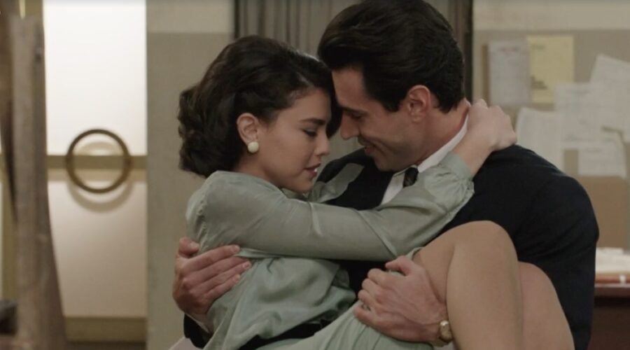 Da sinistra: Chiara Russo (Maria Puglisi) e Danilo D'Agostino (Matteo Portelli) in una scena della puntata 128 de “Il Paradiso Delle Signore 8”. Credits: Rai.