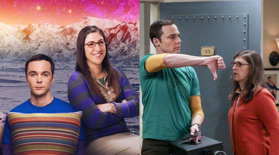 Da sinistra: Jim Parsons e Mayim Bialik in due immagini di “The Big Bang Theory”. Credits: Infinity.