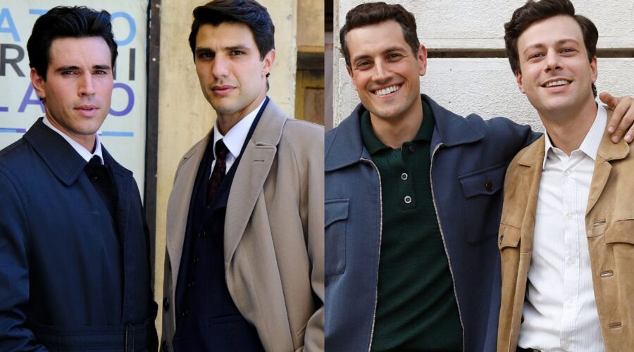 Da sinistra: Danilo D'Agostino (Matteo Portelli), Pietro Masotti (Marcello Barbieri), Emanuel Caserio (Salvatore Amato) e Gabriele Anagni (Alfredo Perico) in un posato per “Il Paradiso Delle Signore 8”. Credits: P. Bruni e Rai.