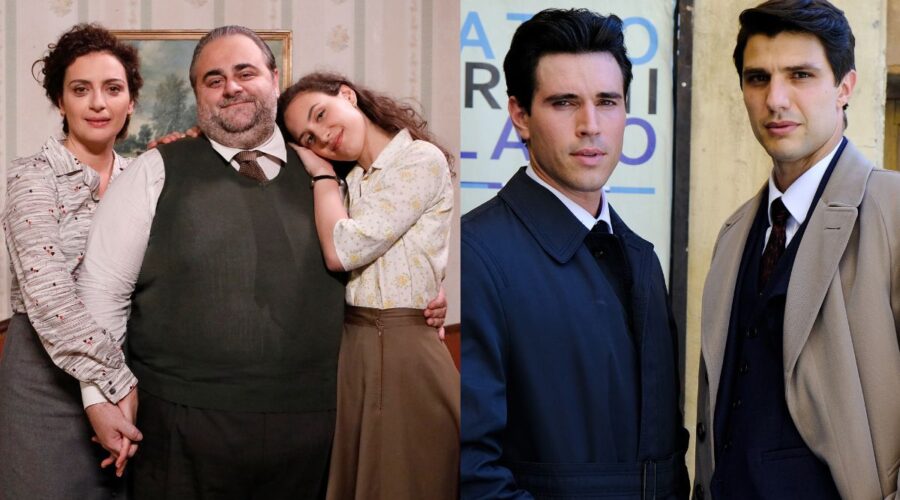 A sinistra: Gioia Spaziani (Concetta Puglisi), Massimo Cagnina (Ciro Puglisi) e Silvia Bruno (Agata Puglisi). A destra: Danilo D'Agostino (Matteo Portelli) e Pietro Masotti (Marcello Barbieri) in due posati per ”Il Paradiso Delle Signore 8”. Credits: P. Bruni e Rai.