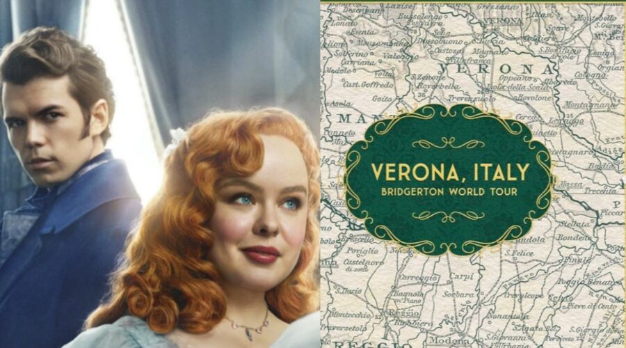 A sinistra: Luke Newton (Colin Bridgerton) e Nicola Coughlan (Penelope Featherington) in una scena del trailer di “Brigerton 3“. Credits: Netflix. A destra: il tour mondiale di “Bridgerton” fa tappa a Verona. Immagine pubblicata sul profilo Instagram @bridgertononnetflix il 22 aprile 2024. Credits: Instagram/Netflix.