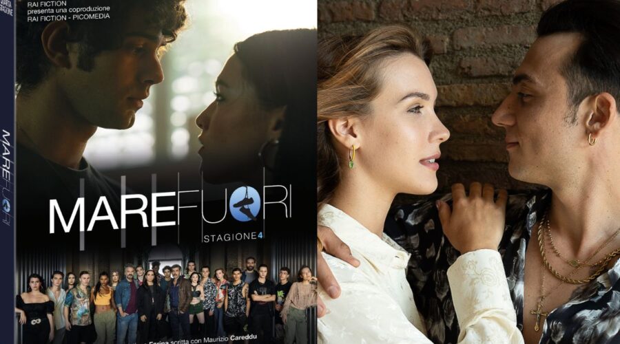 A sinistra: il cofanetto di DVD di “Mare Fuori 4”. Credits: Eagle Pictures/Rai. A destra: A sinistra: Ludovica Coscione (Teresa Polidori) e Matteo Paolillo (Edoardo Conte) in un posato per “Mare Fuori 4”. Credits: Sabrina Cirillo/Rai.