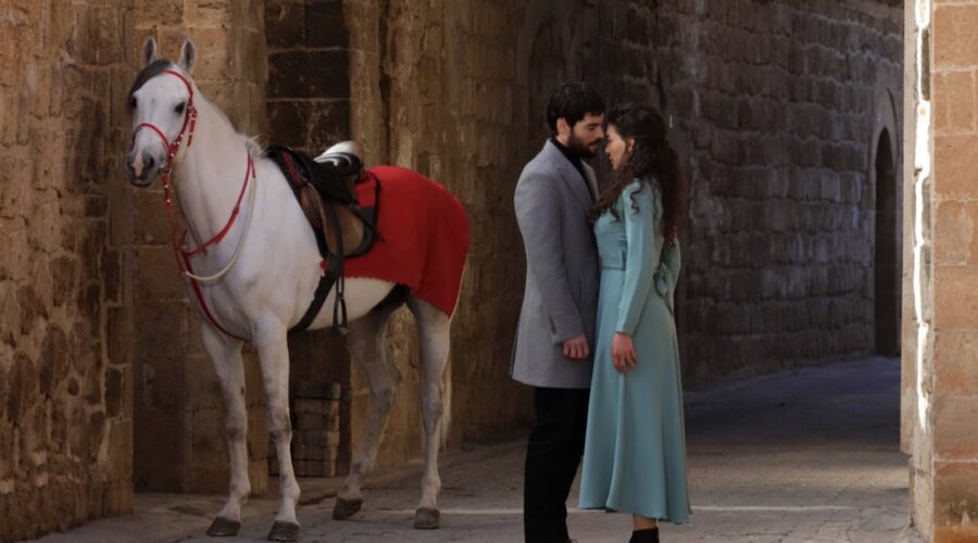 Da sinistra: Akın Akınözü (Miran Aslanbey/Şadoğlu) e Ebru Şahin (Reyyan Aslanbey/Şadoğlu) in una scena di “Hercai”. Credits: Real Time/Discovery+.