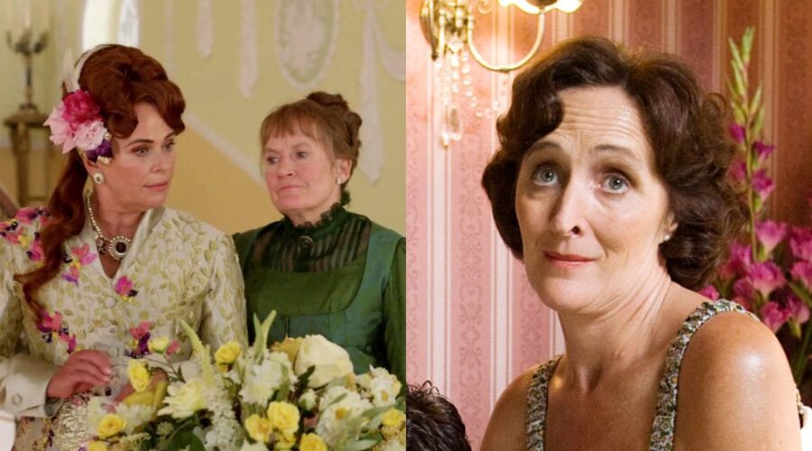 Da sinistra: Lady Portia Featherington e Ms. Varley; a destra: Fiona Shaw in “Harry Potter”. Credits: Netflix/WB Entertainment.