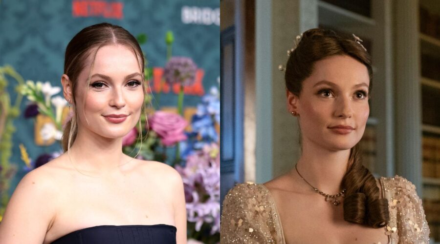 Da sinistra: Hannah Dodd alla première a New York di “Bridgerton 3”; a destra: Francesca Bridgerton in una scena della terza stagione. Credits: Dimitrios Kambouris/Getty Images per Netflix, Liam Daniel/Netflix © 2024.