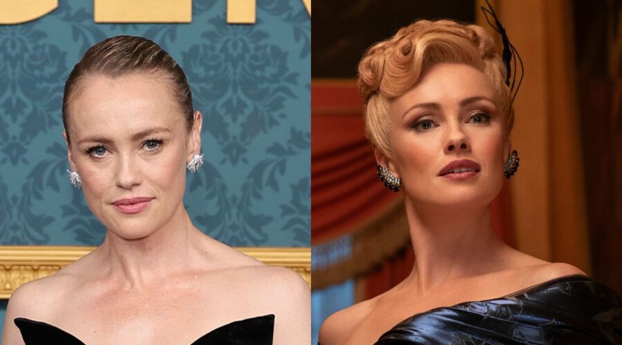 Da sinistra: Hannah New alla première a New York di “Bridgerton 3”; a destra: Lady Tilley Arnold in una scena della terza stagione. Credits: Dimitrios Kambouris/Getty Images per Netflix, Liam Daniel/Netflix © 2024.