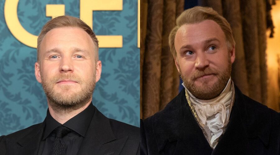 Da sinistra: Sam Phillips alla première a New York di “Bridgerton 3”; a destra: Lord Alfred Debling in una scena della terza stagione. Credits: Dimitrios Kambouris/Getty Images per Netflix, Liam Daniel/Netflix © 2024.