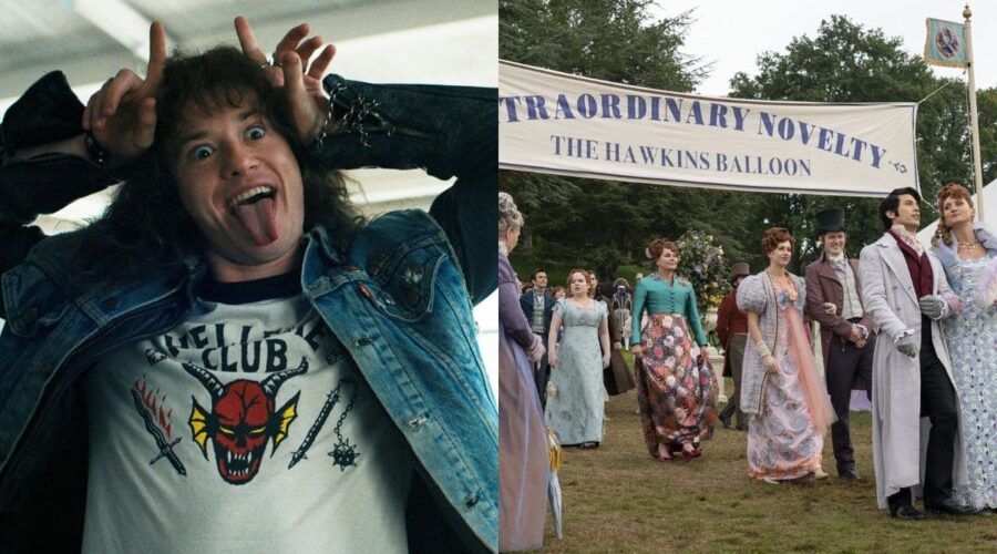 Da sinistra: Joseph Quinn in “Stranger Things 4”; a destra: la mongolfiera di Hawkins nell'episodio 3 di “Bridgerton 3”. Credits: Netflix.