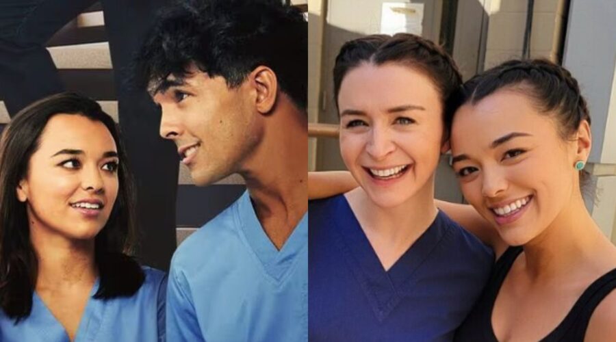 Da sinistra: Midori Francis e Niko Terho nel poster di “Grey's Anatomy”; a destra: l'attrice con Caterina Scorsone. Credits: Disney+/Instagram.