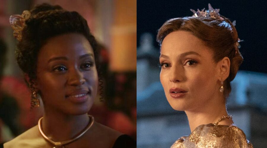 A sinistra: Masali Baduza (Michaela Stirling) in una scena dell'episodio 8 di “Bridgerton 3”. Credits: Netflix. A destra: Hannah Dodd (Francesca Bridgerton) in una scena dell'episodio 3 di “Bridgerton 3”. Credits: Liam Daniel/Netflix © 2024.
