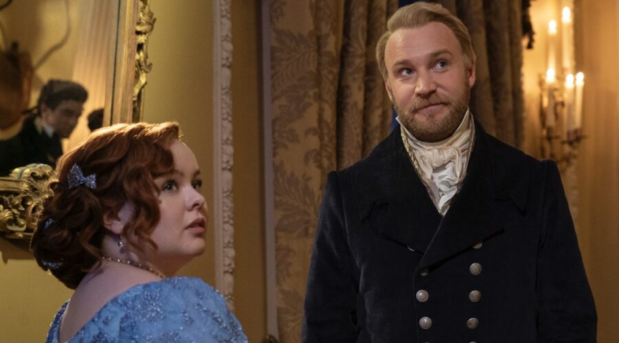 Da sinistra: Nicola Coughlan (Penelope Featherington) e Sam Phillips (Lord Debling) in una scena dell’episodio 3 di “Bridgerton 3”. Credits: Liam Daniel/Netflix © 2024.